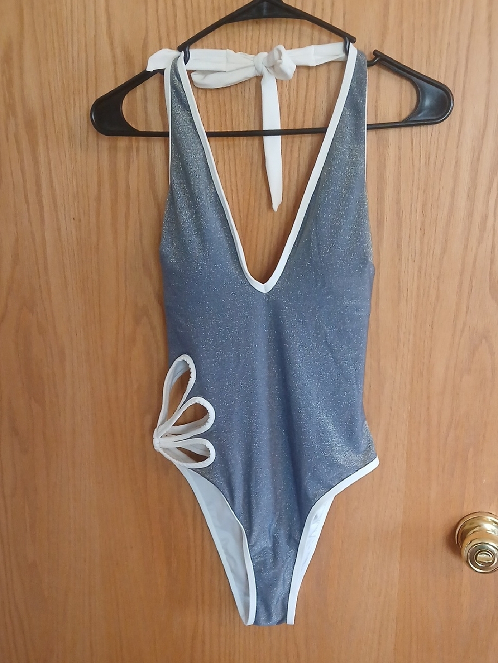 Cupshe Sparkle Blue Halter One-Piece Swimsuit with White Trim